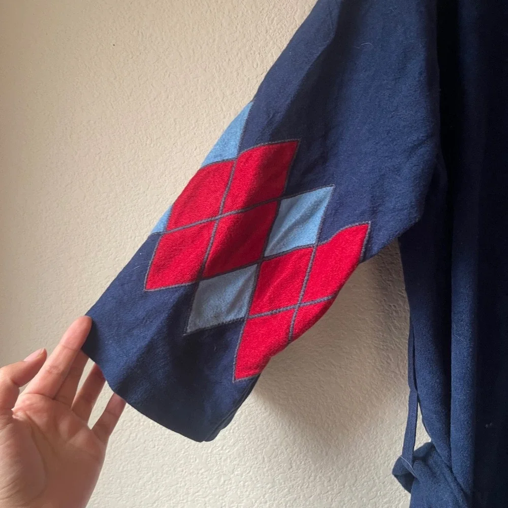 Vintage After All Navy Blue Argyle Sleeve‎ Robe Made in USA One Size